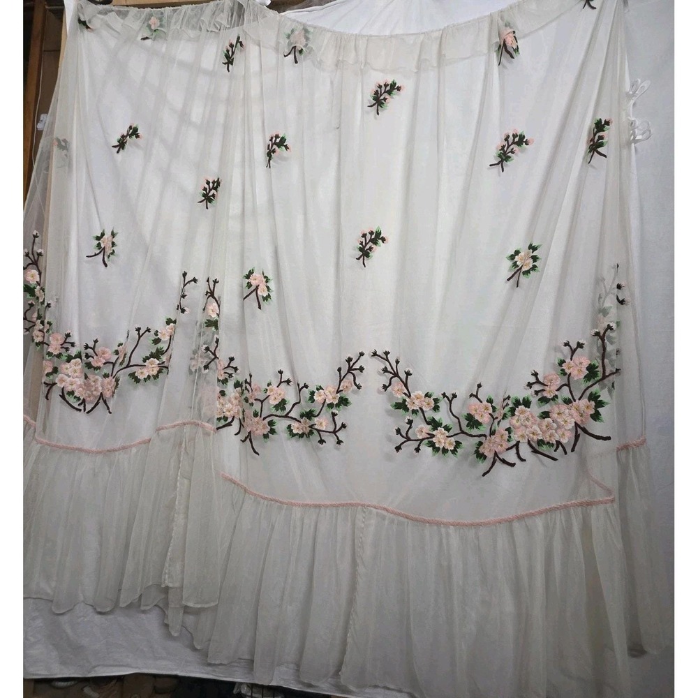 Vintage Sheer Mesh Curtain Pink Embroidered Ruffle Cottagecore 62 x 71